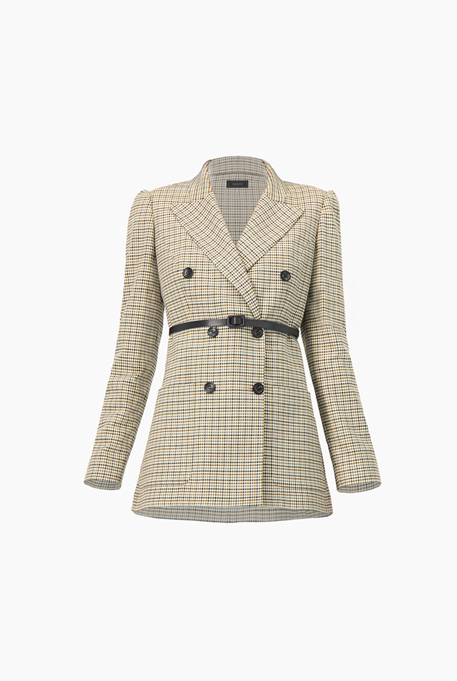 Saco blazer cruzado olivo con doble botonadura y cinturón