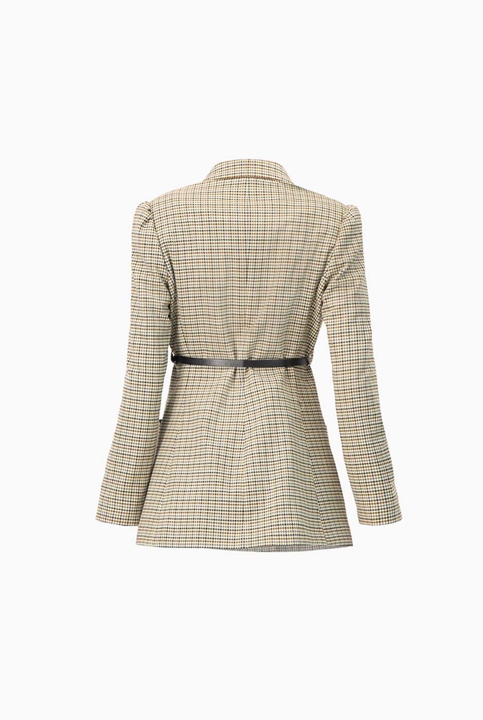 Saco blazer cruzado olivo con doble botonadura y cinturón