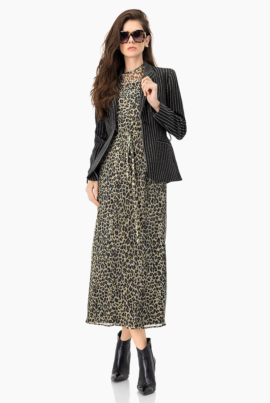 Saco blazer cruzado negro con rayas y cinturón