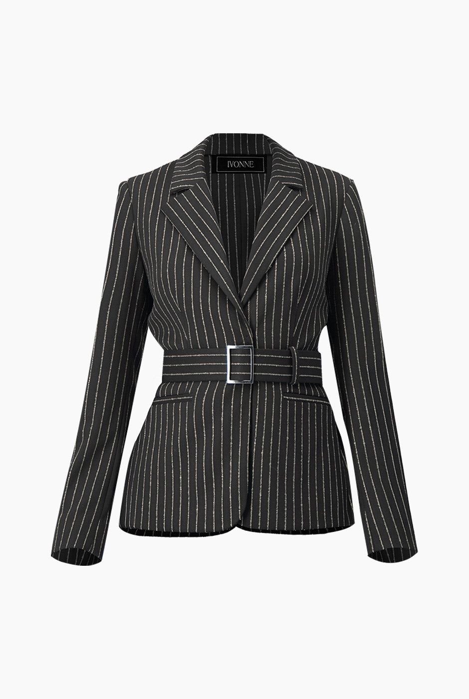 Saco blazer cruzado negro con rayas y cinturón