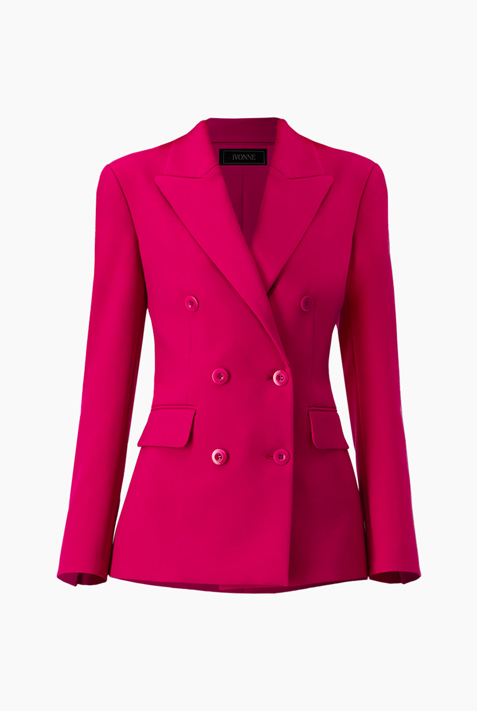 Saco cruzado fucsia con doble botonadura y solapa