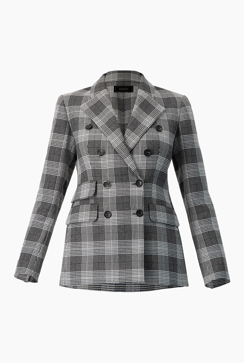 Saco negro sastreado con doble botonadura y cuadros