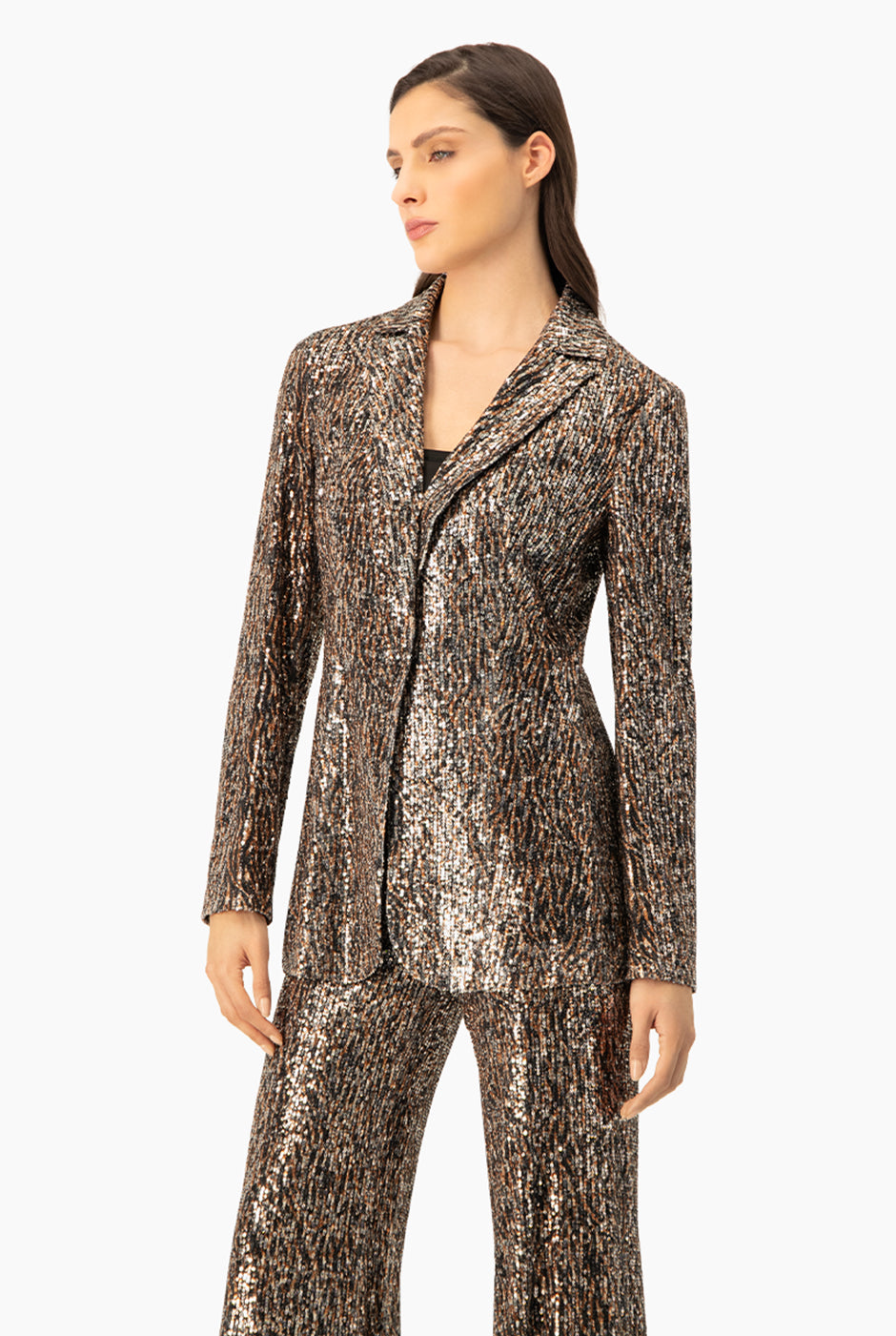 Saco blazer multicolor con lentejuelas y broche frontal