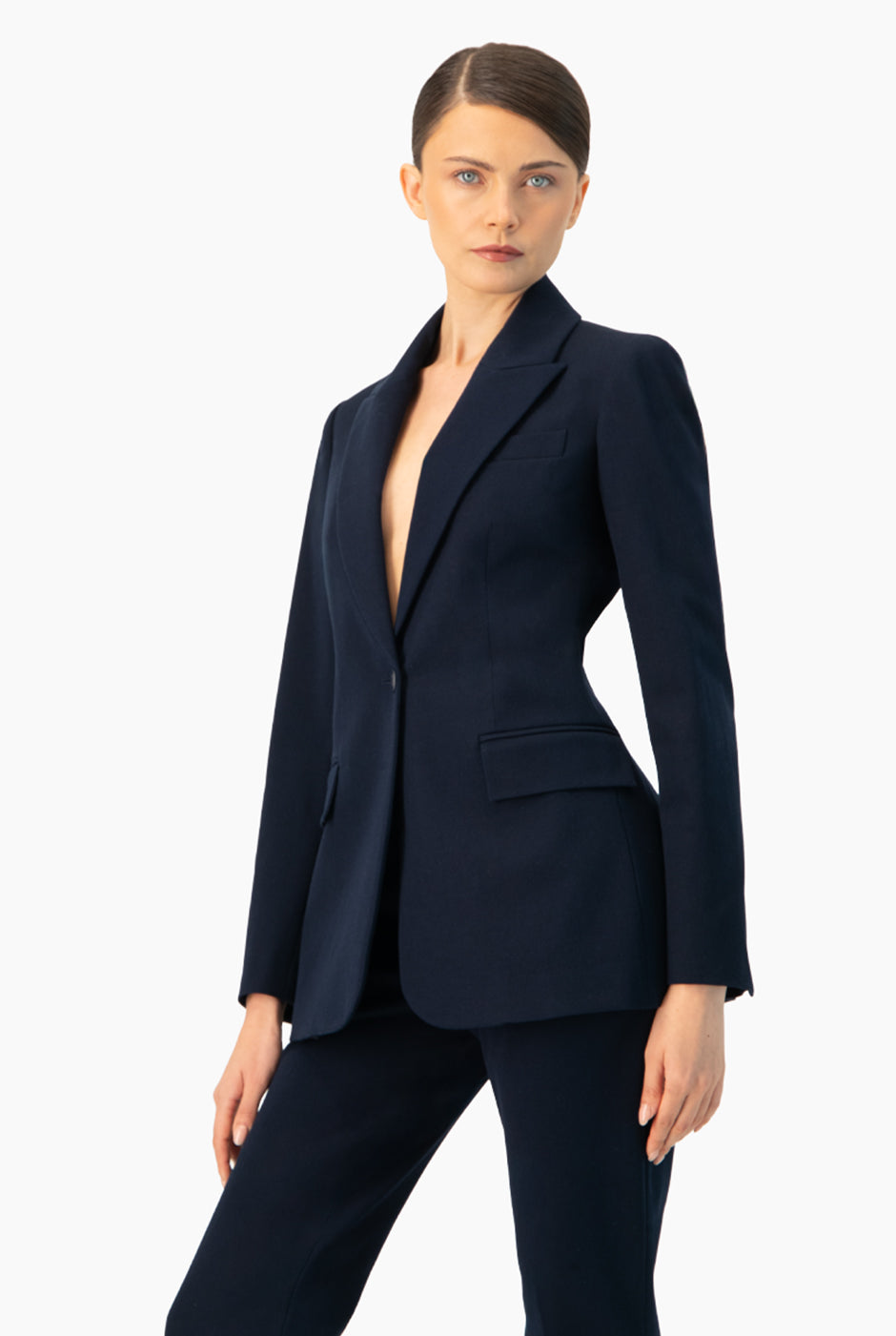 Saco Blazer Liso Azul Marino con Solapas y Bolsillos