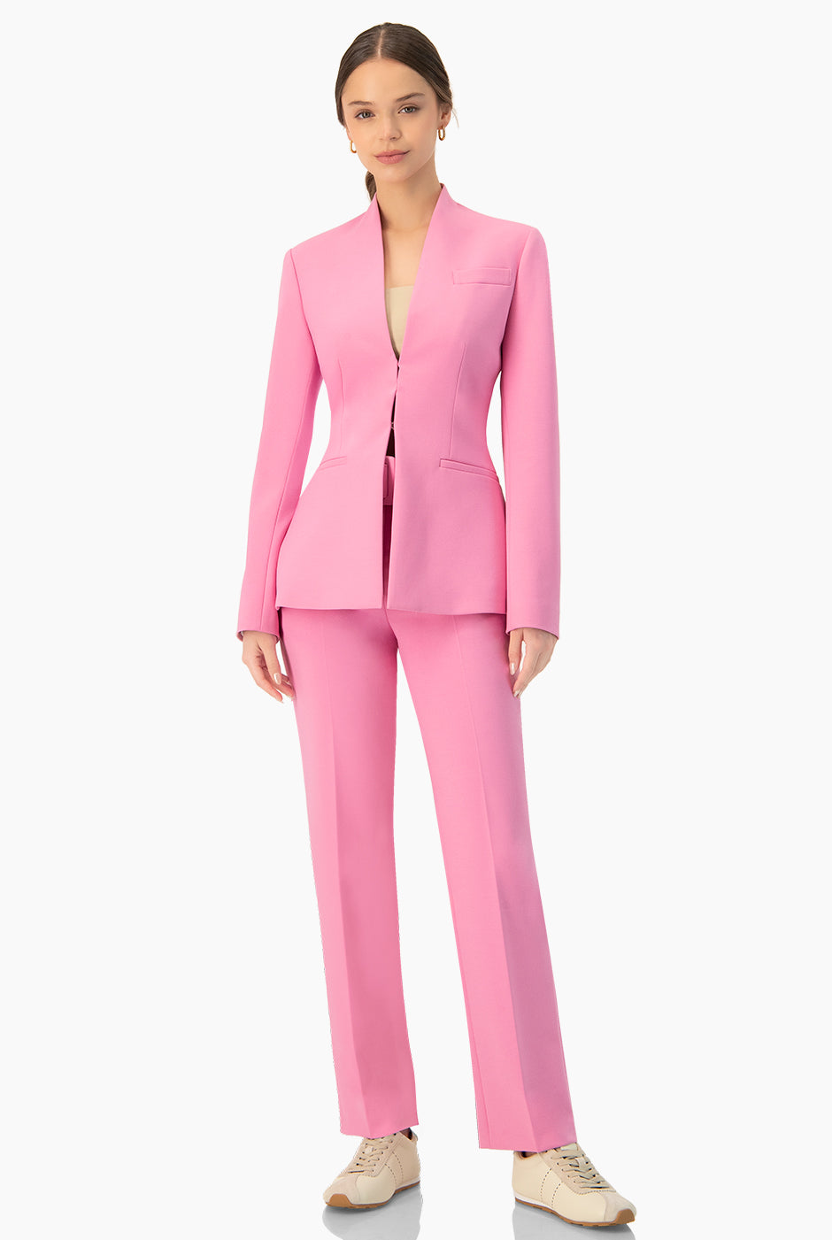 Saco rosa sin solapa con bolsillos, elegante y entallado