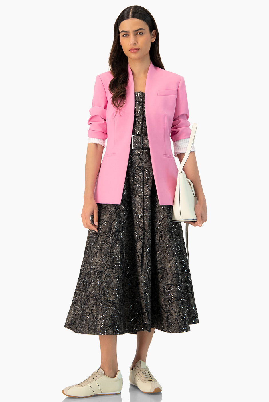 Saco rosa sin solapa con bolsillos, elegante y entallado