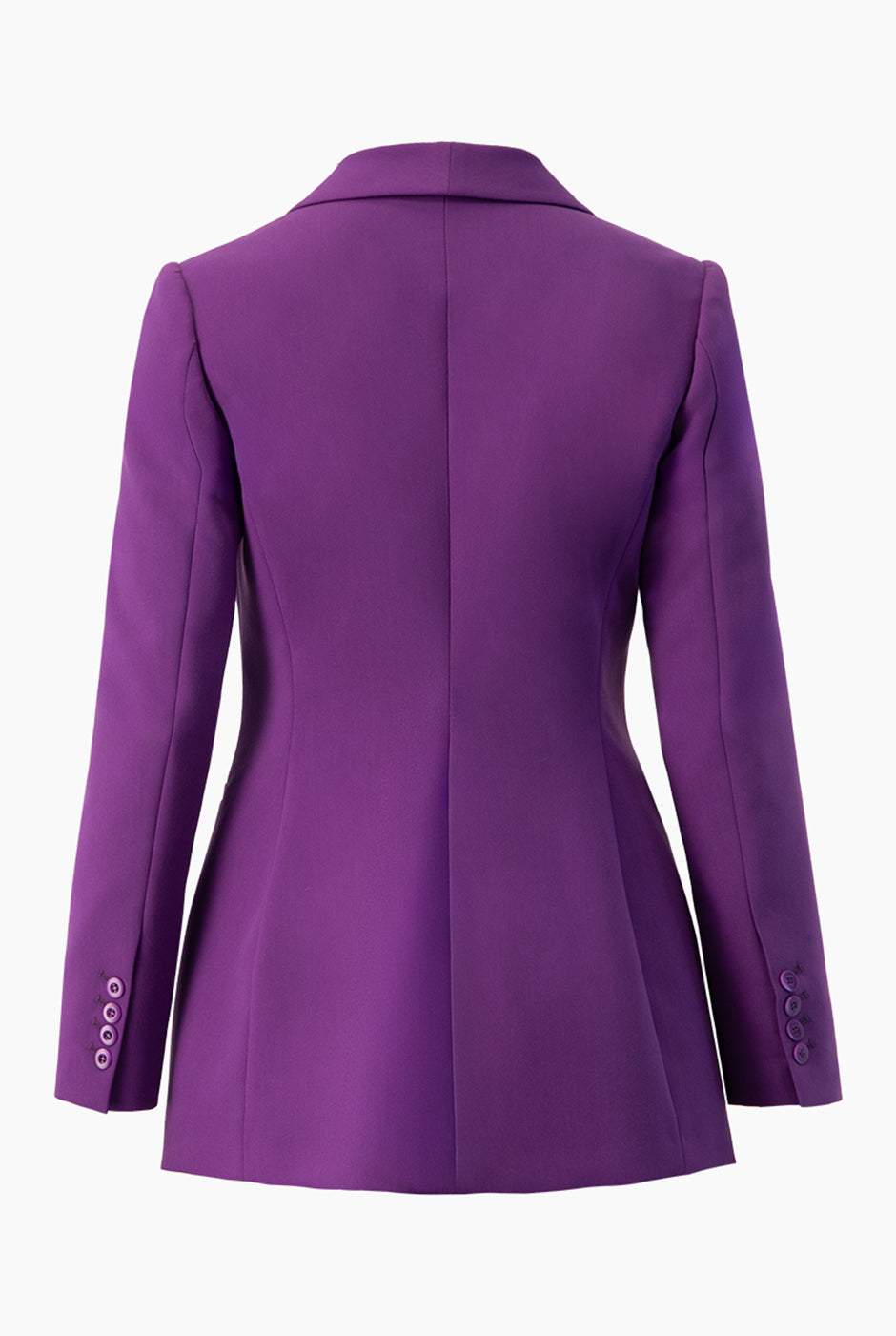 Saco cruzado morado con botón frontal y solapas anchas