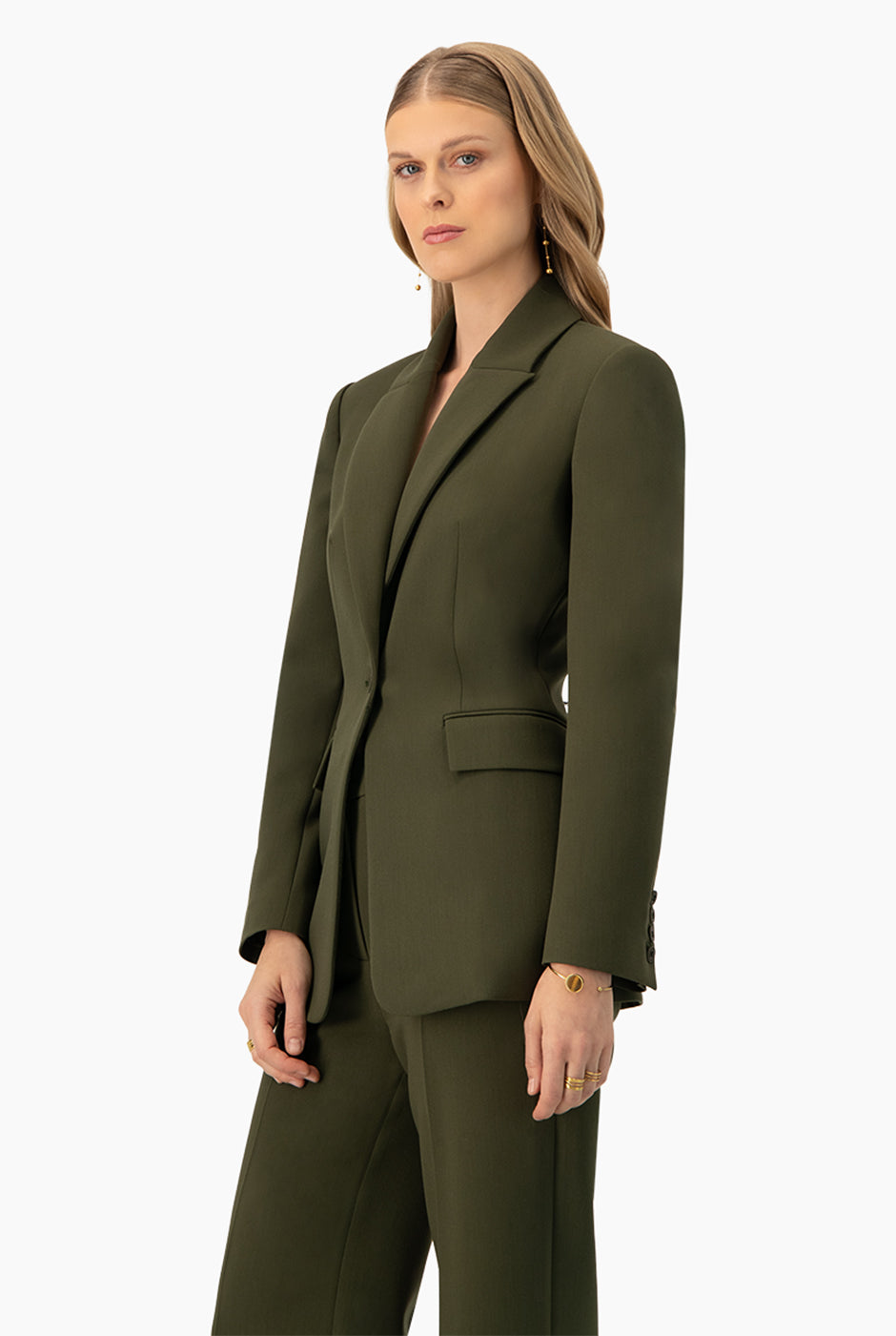 Saco verde cruzado sencillo con bolsillos de solapa