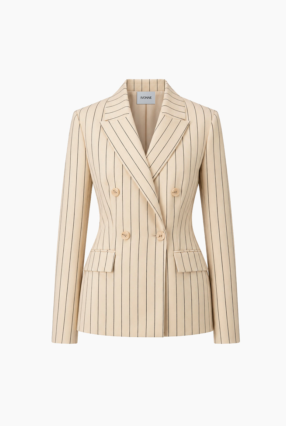 Saco Ivonne rayado beige con doble botonadura y bolsillos