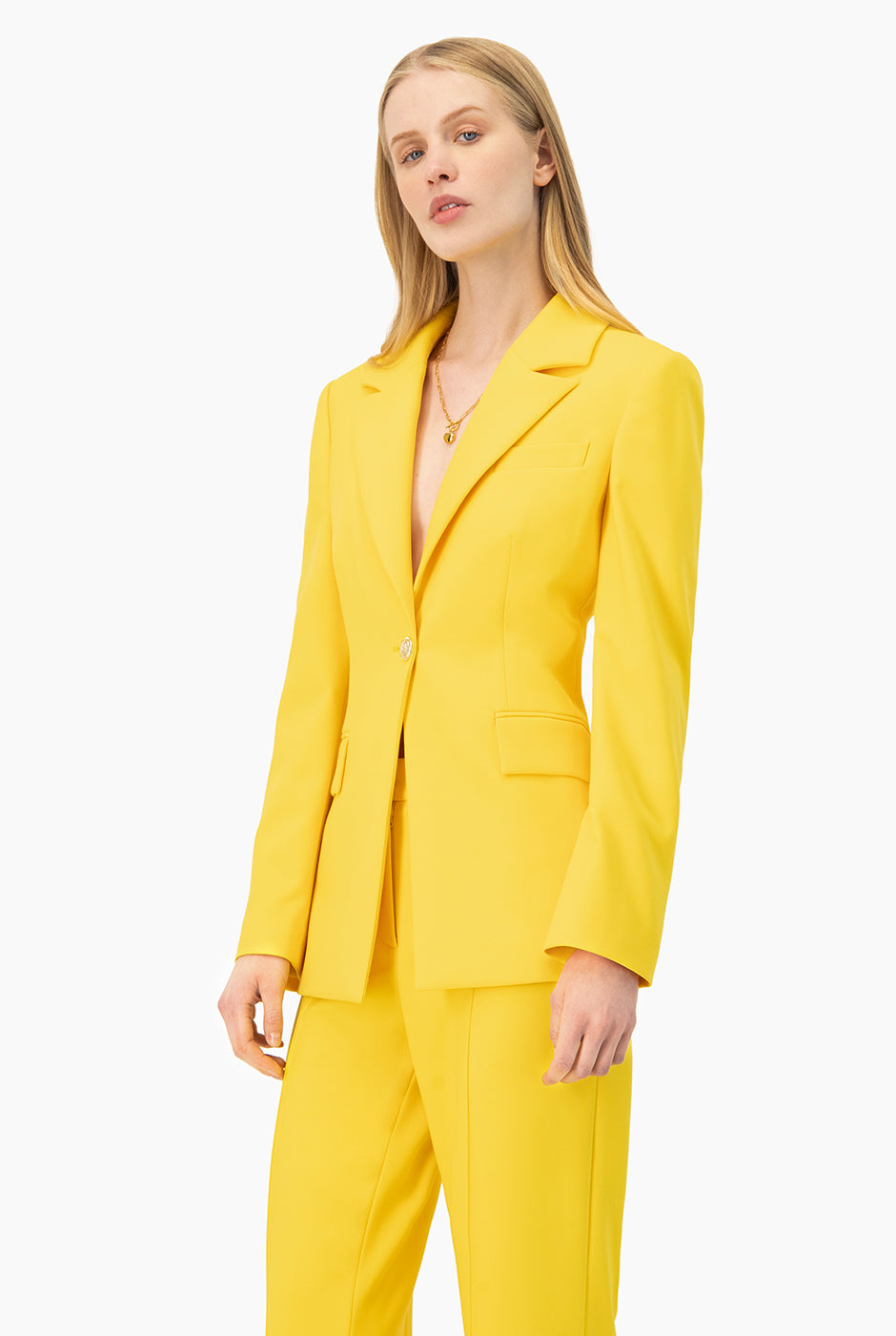 Saco Ivonne amarillo de cruce sencillo con botón frontal y bolsillos