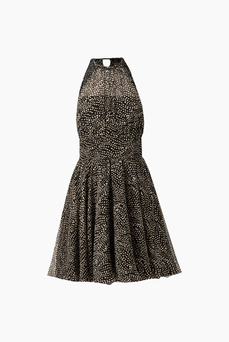 Vestido corto negro de lunares con cuello halter y sin mangas