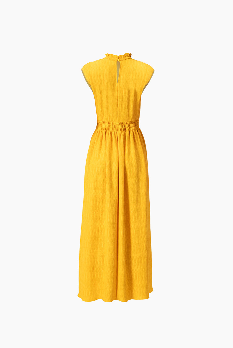 Vestido largo amarillo sin mangas con cuello alto y cintura fruncida