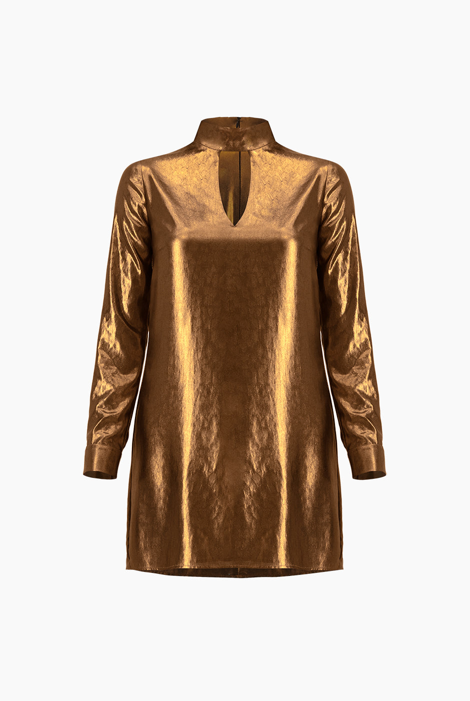 Vestido corto cobre con escote tipo gota y manga larga