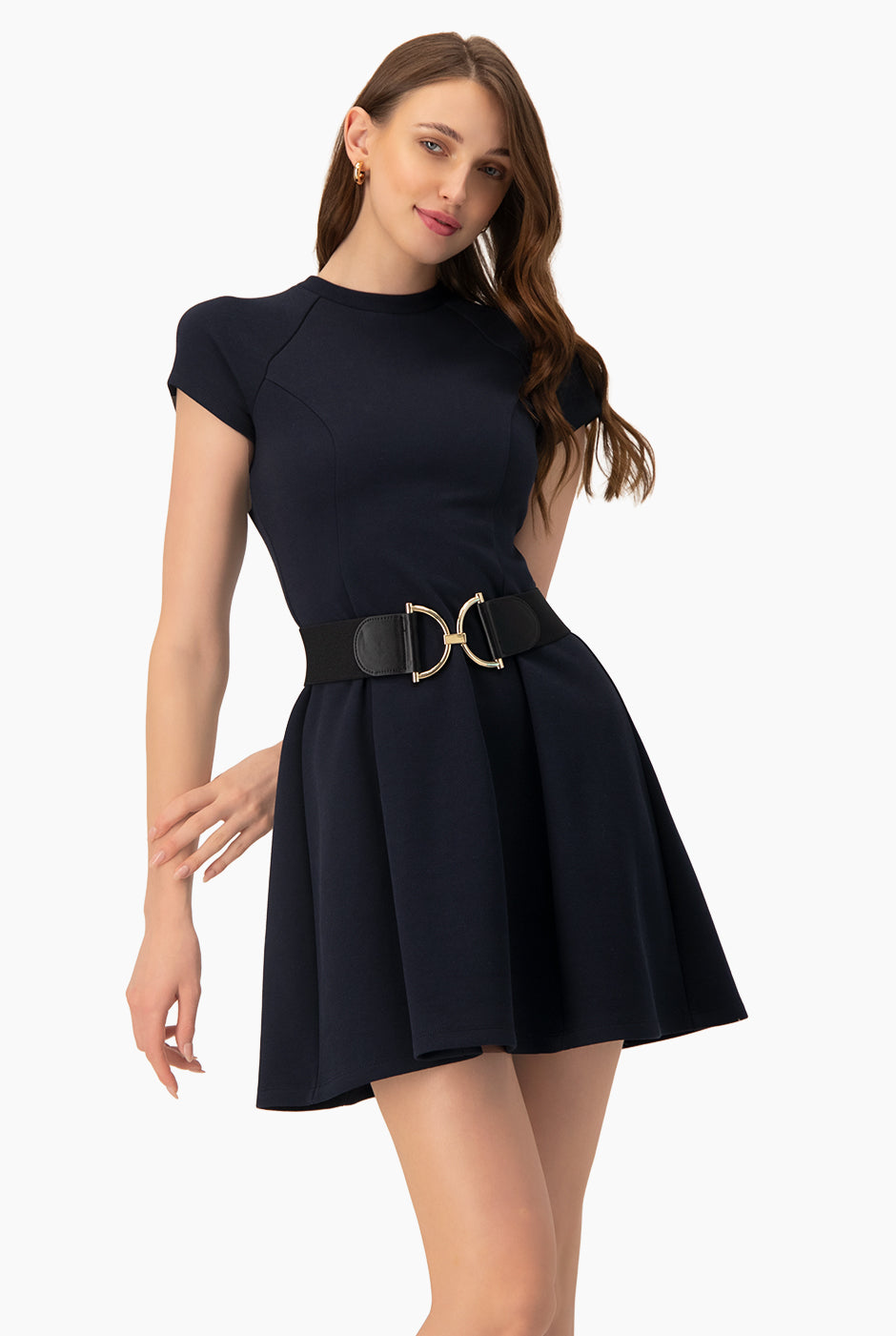 Vestido corto línea A azul marino con cinturón