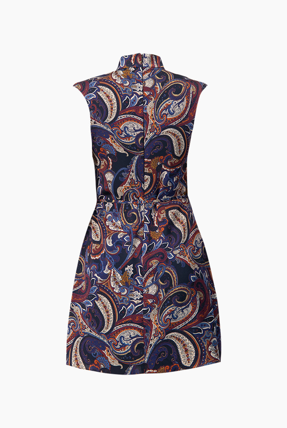 Vestido corto multicolor de hombro caído con estampado paisley y lazo en cintura