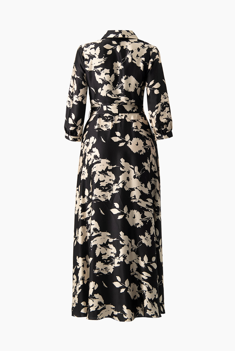 Vestido maxi negro con cuello camisero y cinturón a juego