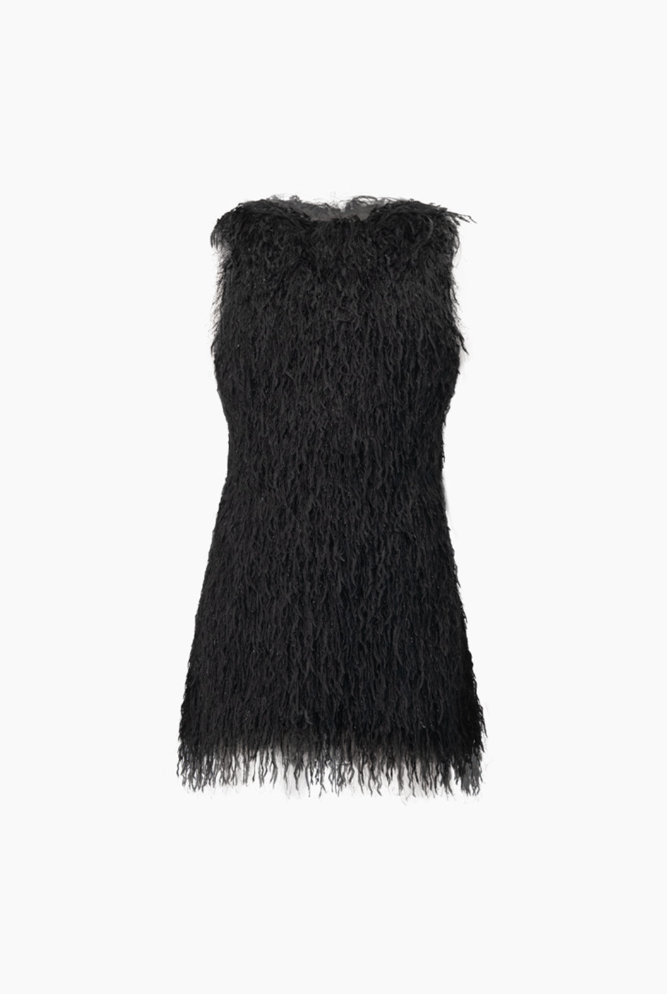 Vestido corto negro sin mangas de Ivonne con textura de flecos