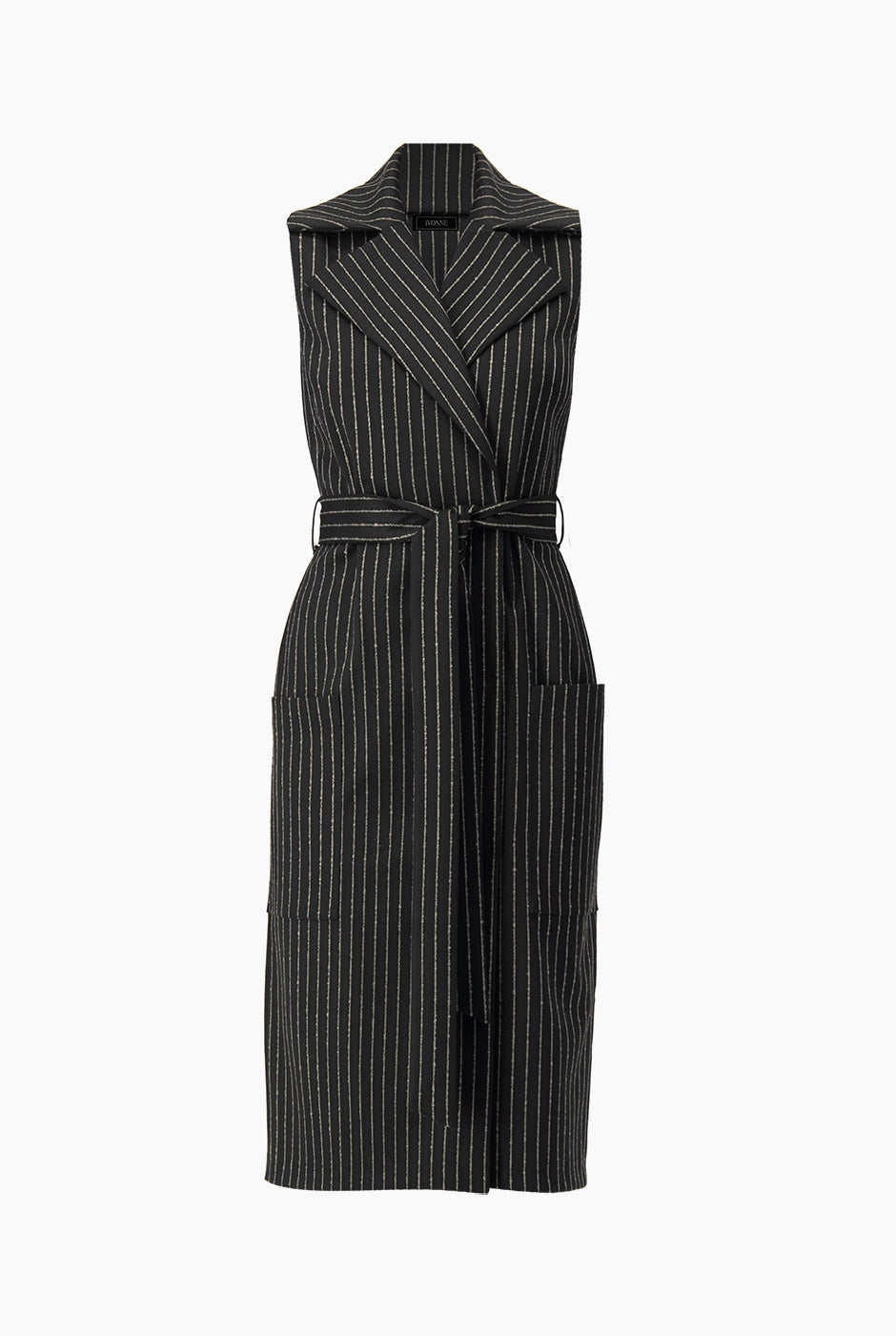 Vestido largo cruzado negro con estampado de rayas y cinturón