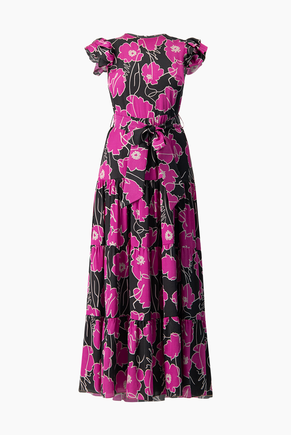 Vestido maxi fucsia con estampado floral y cinturón
