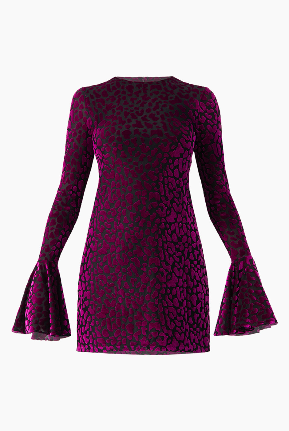 Vestido corto fucsia con cuello redondo y estampado animal print