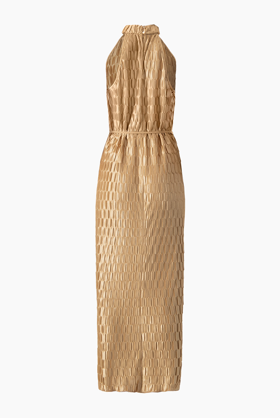 Vestido largo café claro sin mangas con cuello halter y cinturón