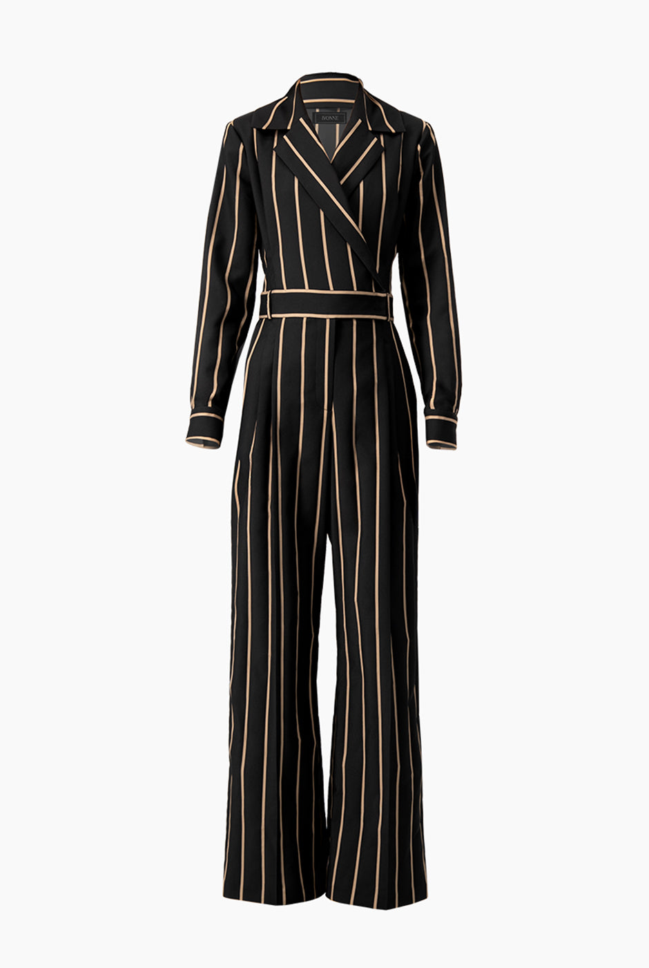 Jumpsuit negro con rayas, escote en V y bolsillos laterales