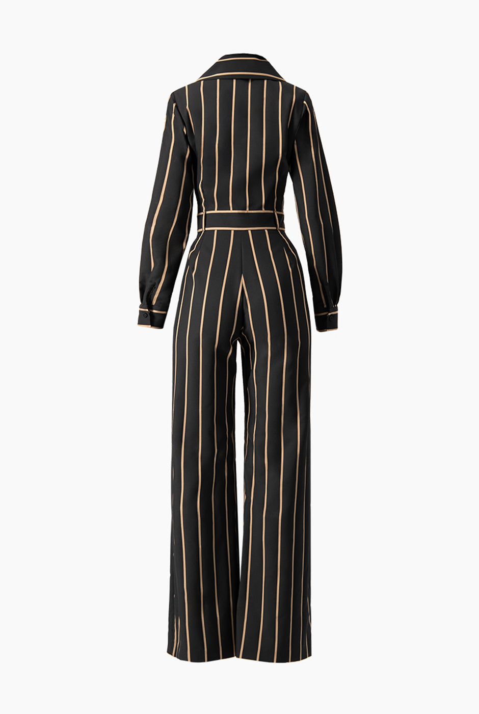 Jumpsuit negro con rayas, escote en V y bolsillos laterales