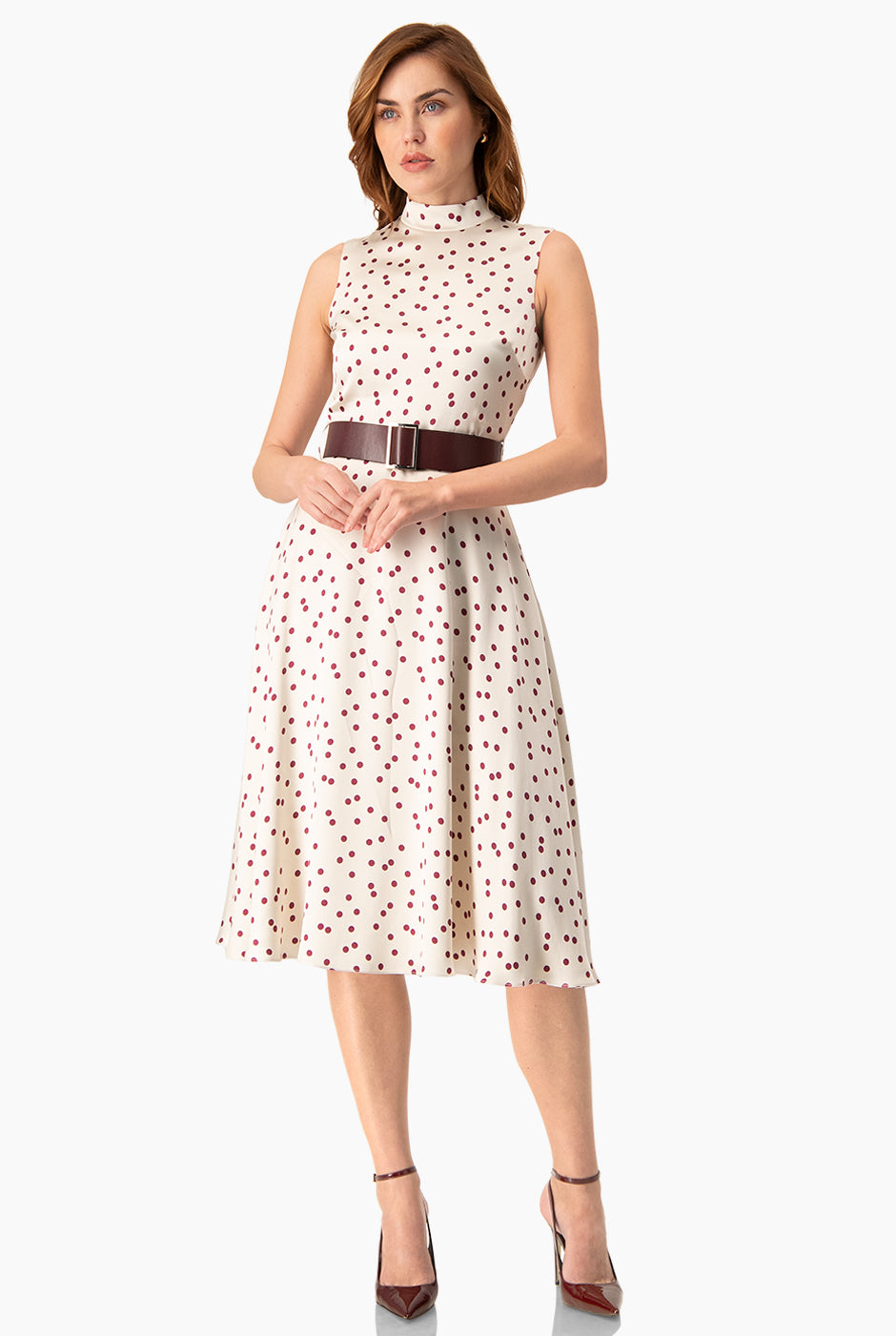 Vestido midi marfil con lunares y cinturón ancho