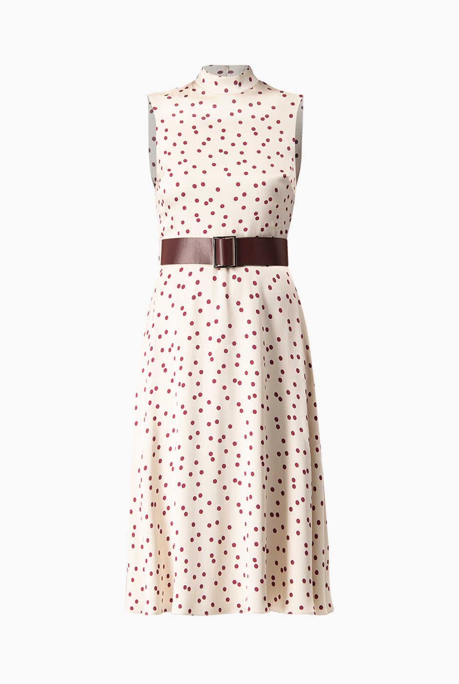 Vestido midi marfil con lunares y cinturón ancho