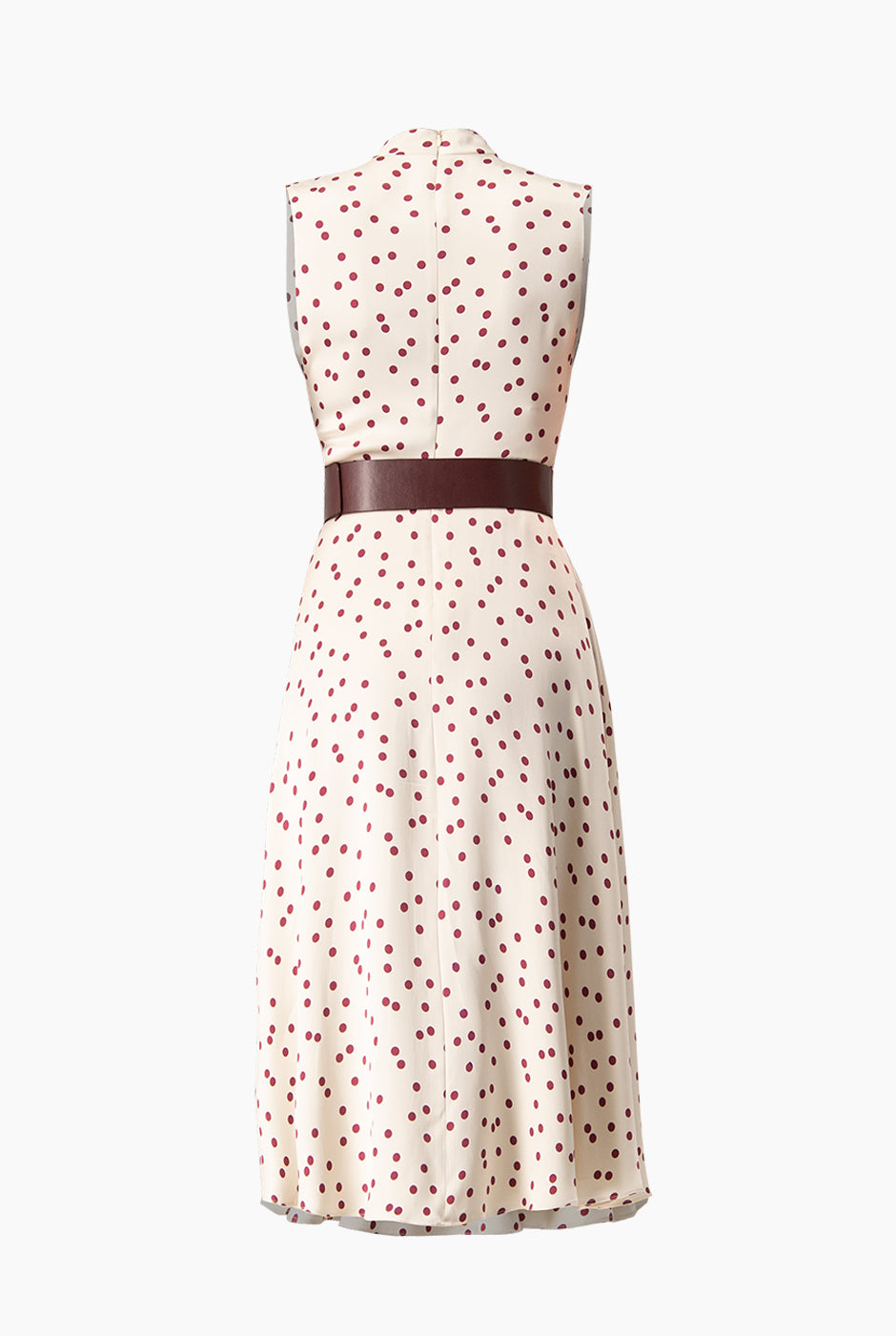 Vestido midi marfil con lunares y cinturón ancho