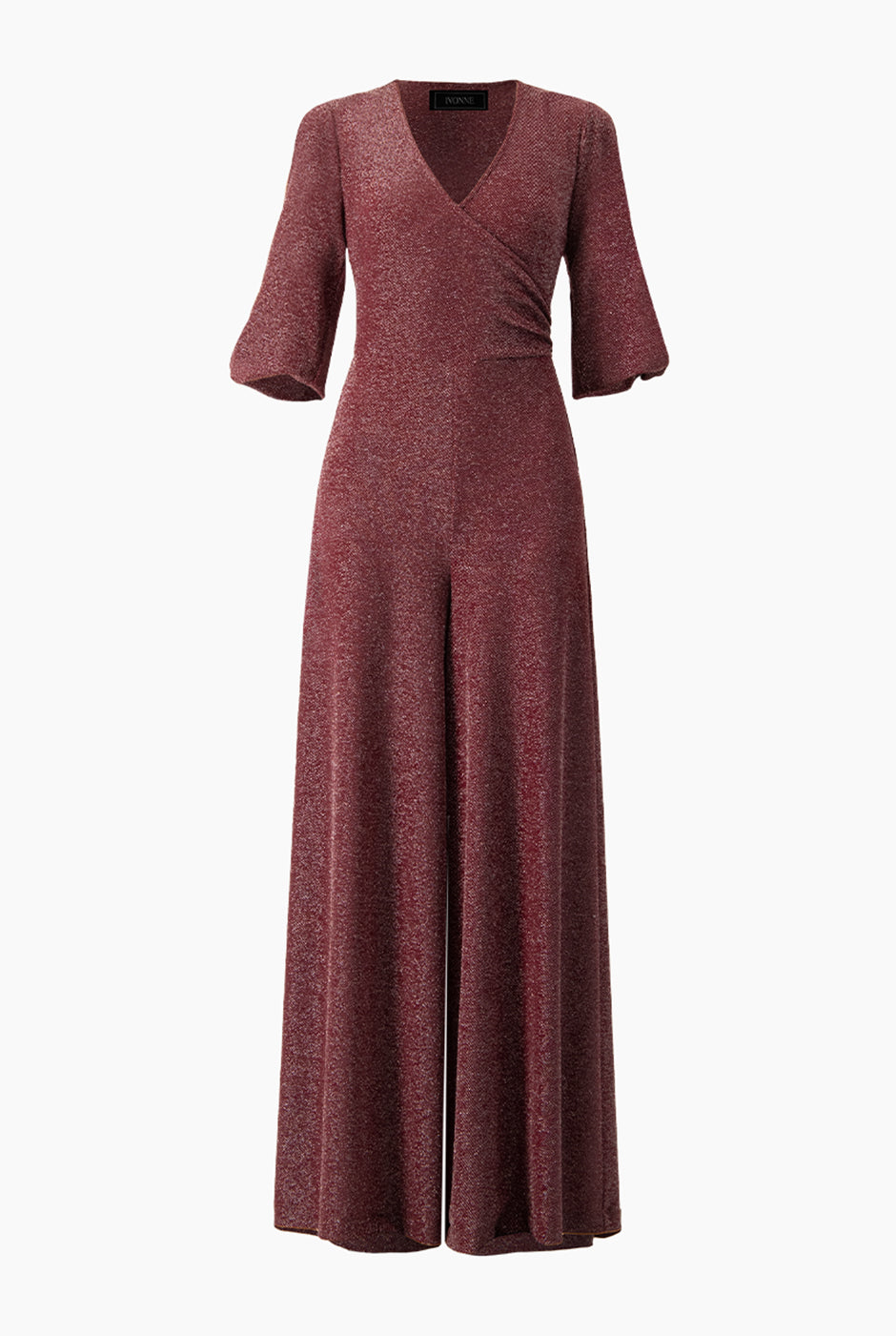 Jumpsuit vino con escote en V y mangas tres cuartos