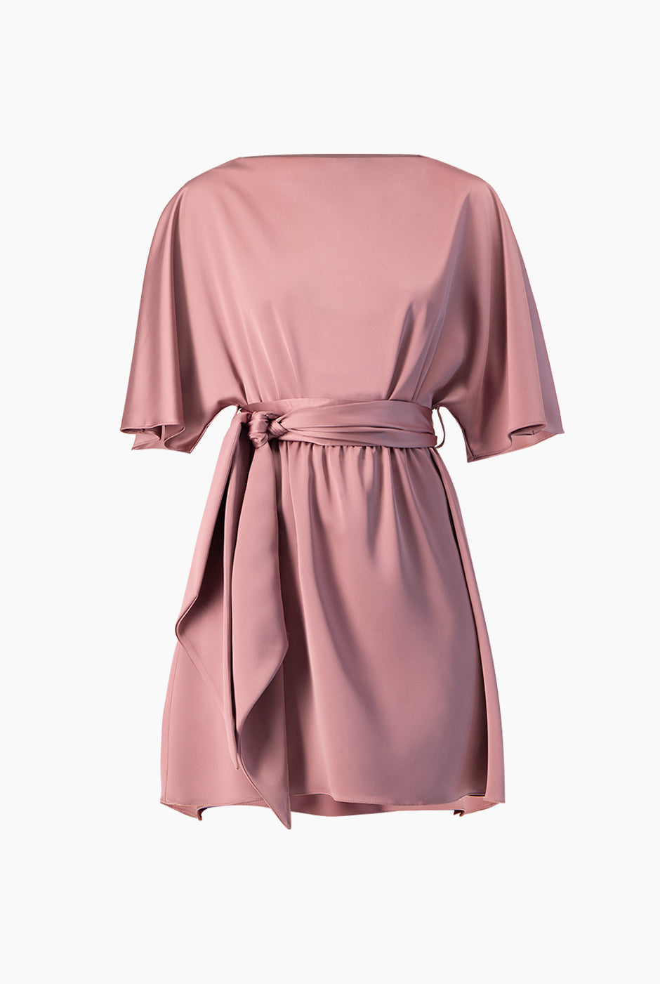 Vestido corto rosa oscuro con cinta en la cintura y manga murciélago