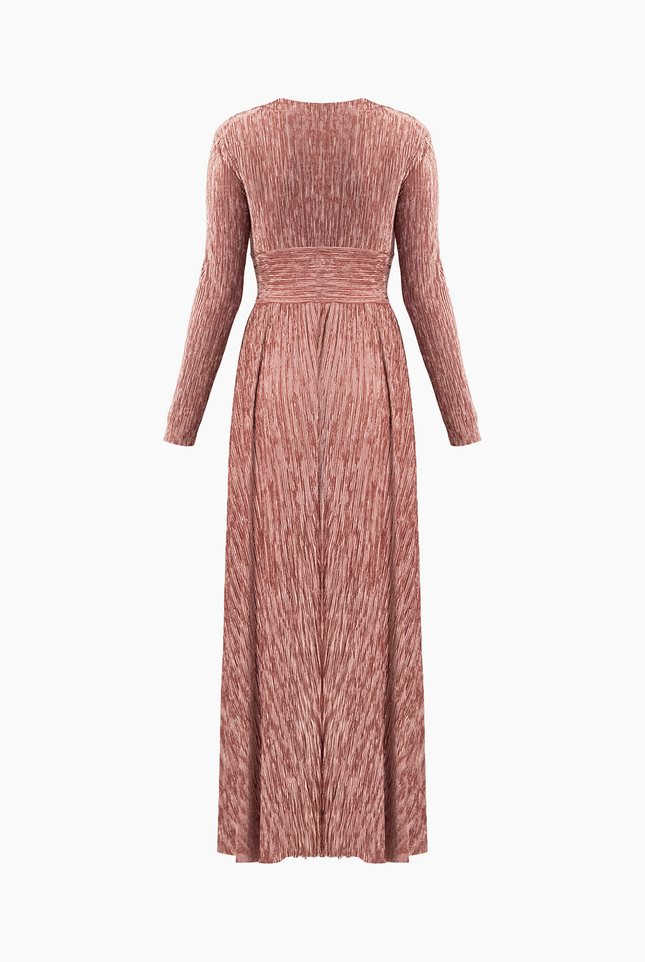 Vestido largo rosa oscuro con escote V y mangas largas plisadas