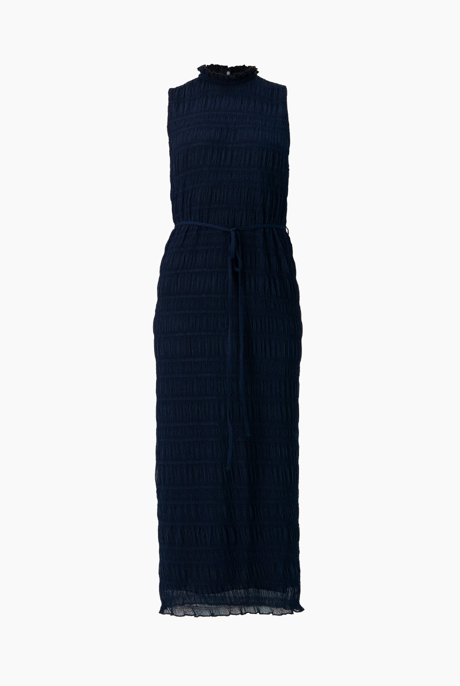 Vestido largo marino plisado sin mangas con cinturón