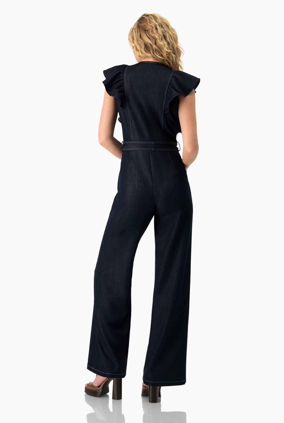 Jumpsuit azul marino con escote V y mangas volantes