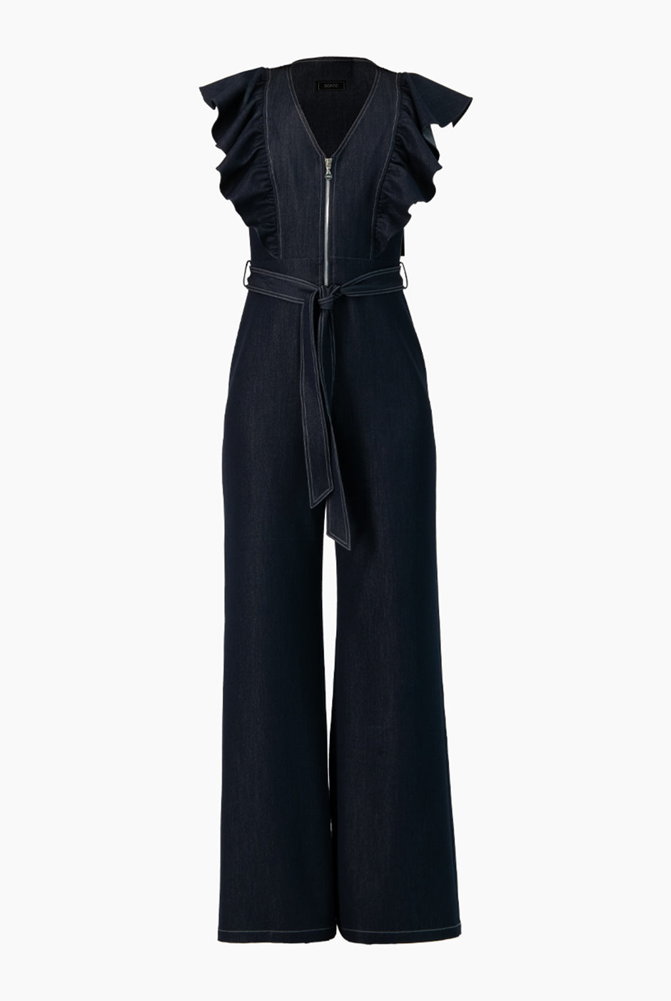 Jumpsuit azul marino con escote V y mangas volantes