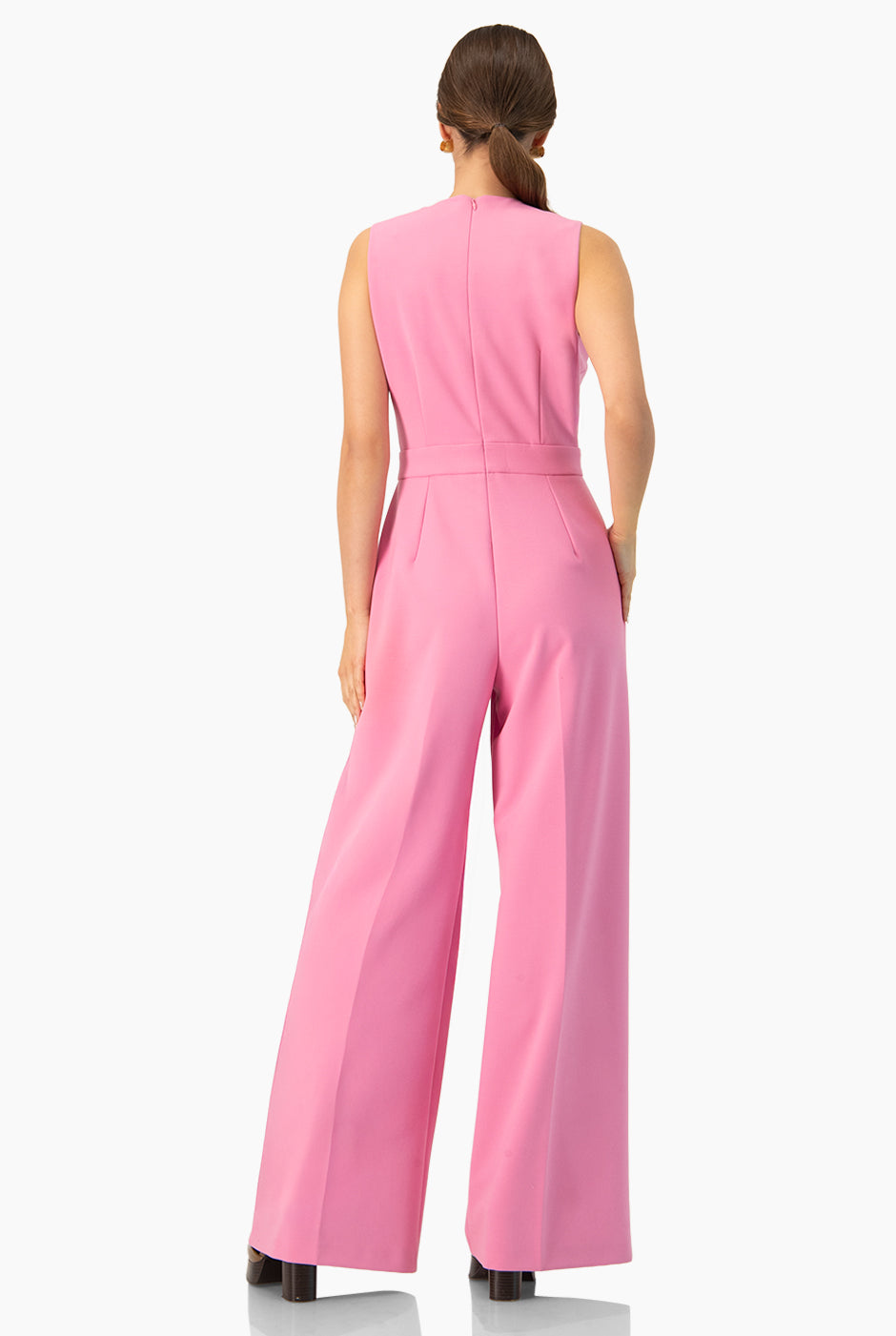 Jumpsuit rosa sin mangas con escote en V y pierna amplia