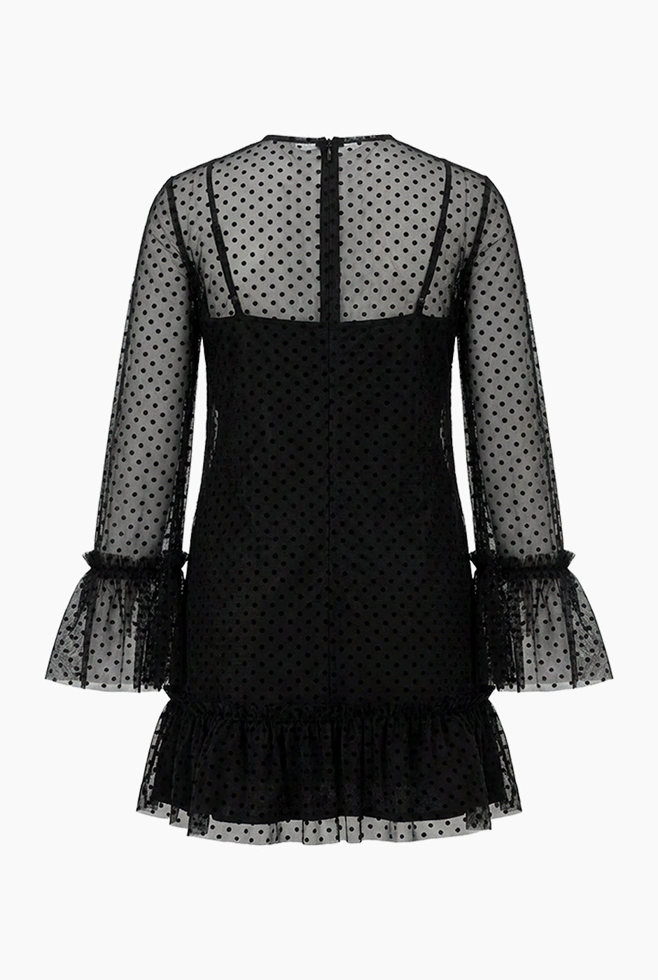 Vestido corto negro con lunares y mangas largas amplias