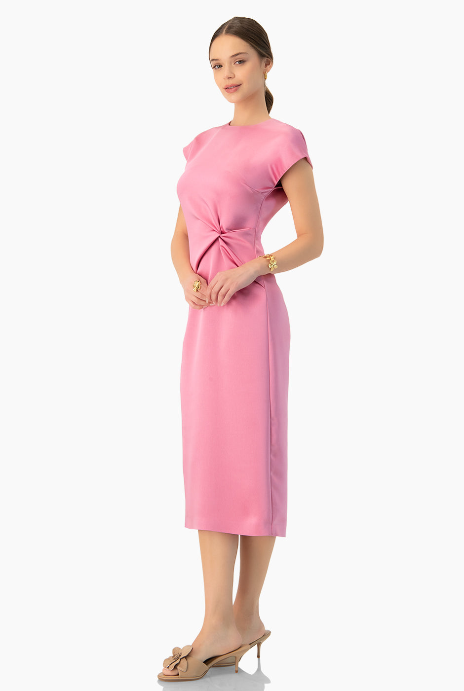 Vestido rosa midi de hombro caído con nudo en la cintura