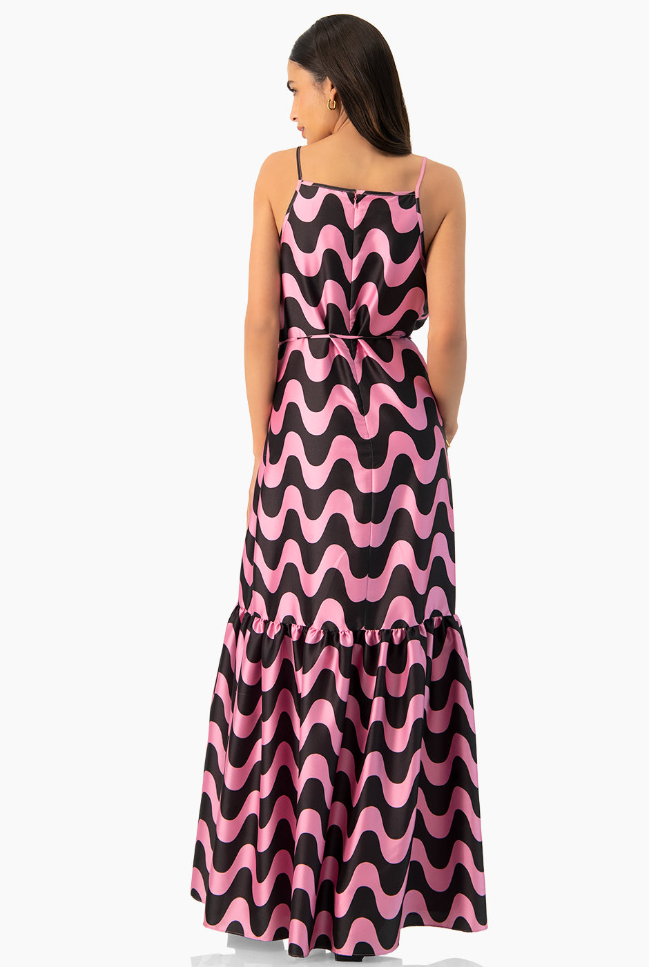 Vestido maxi estampado rosa sin mangas con cinturón