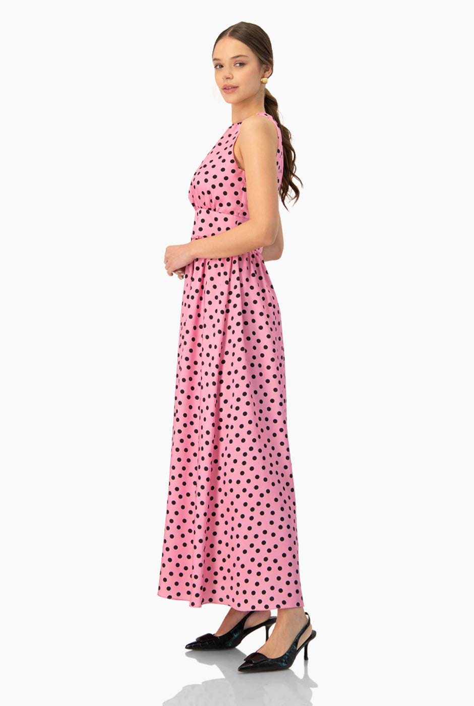 Vestido largo rosa estampado de lunares con abertura lateral