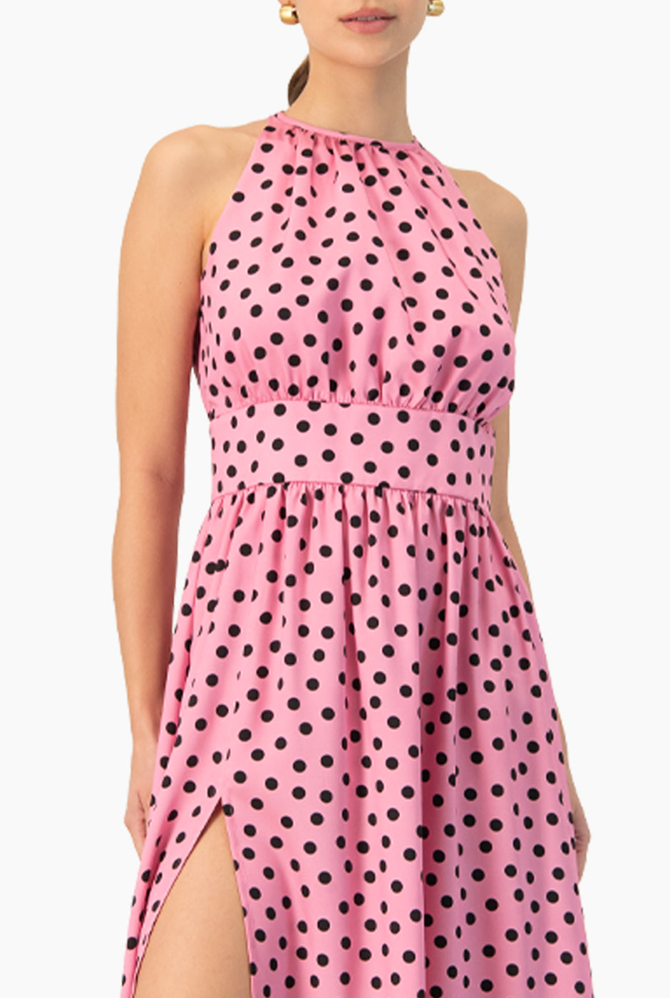 Vestido largo rosa estampado de lunares con abertura lateral