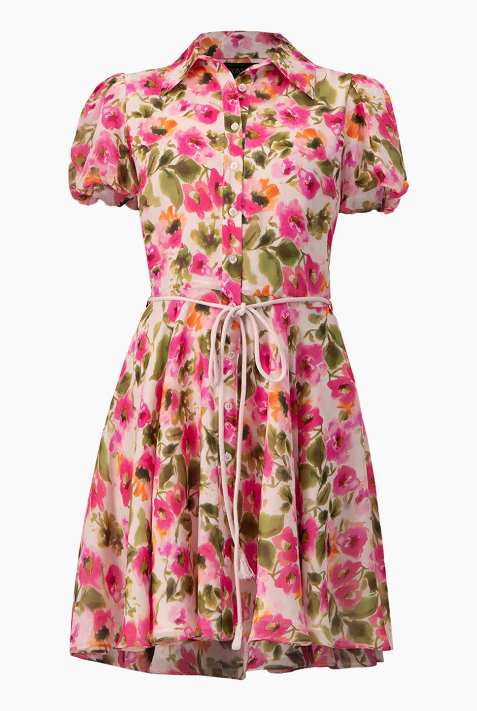Vestido corto camisero multicolor con botones y cinta en cintura