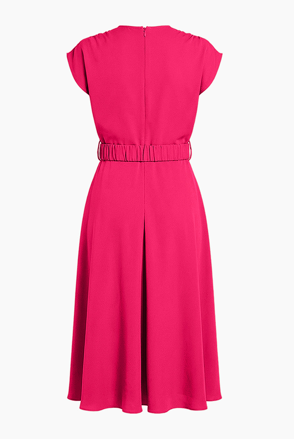 Vestido midi fucsia con escote en V y cinturón