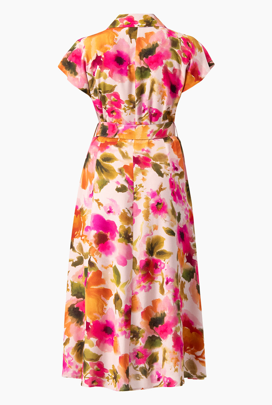 Vestido midi estampado floral con cinturón y cuello camisero
