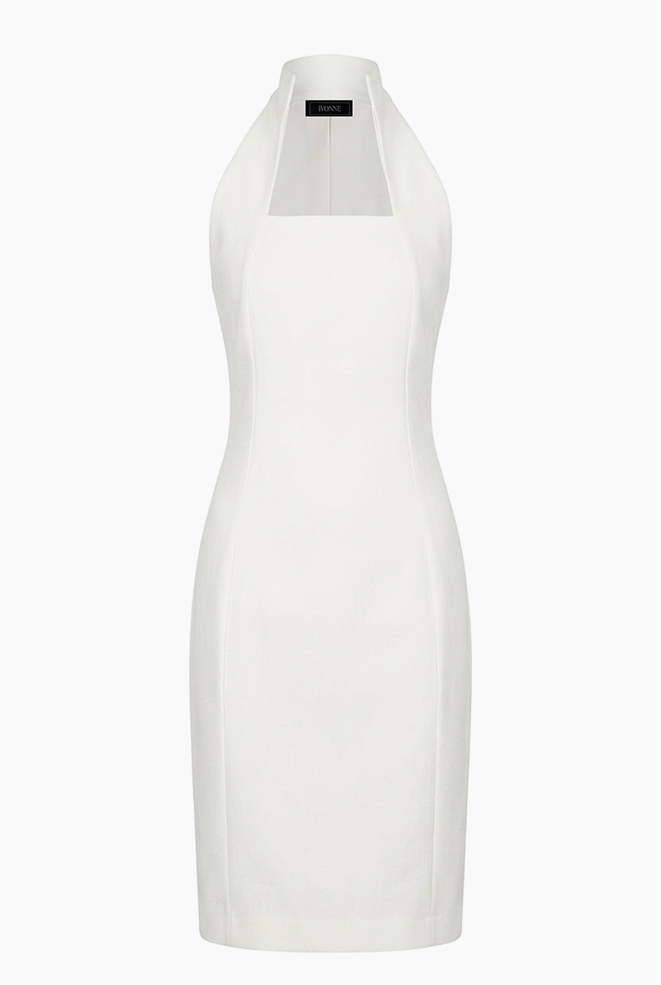 Vestido corto marfil sin mangas con cuello alto y escote halter