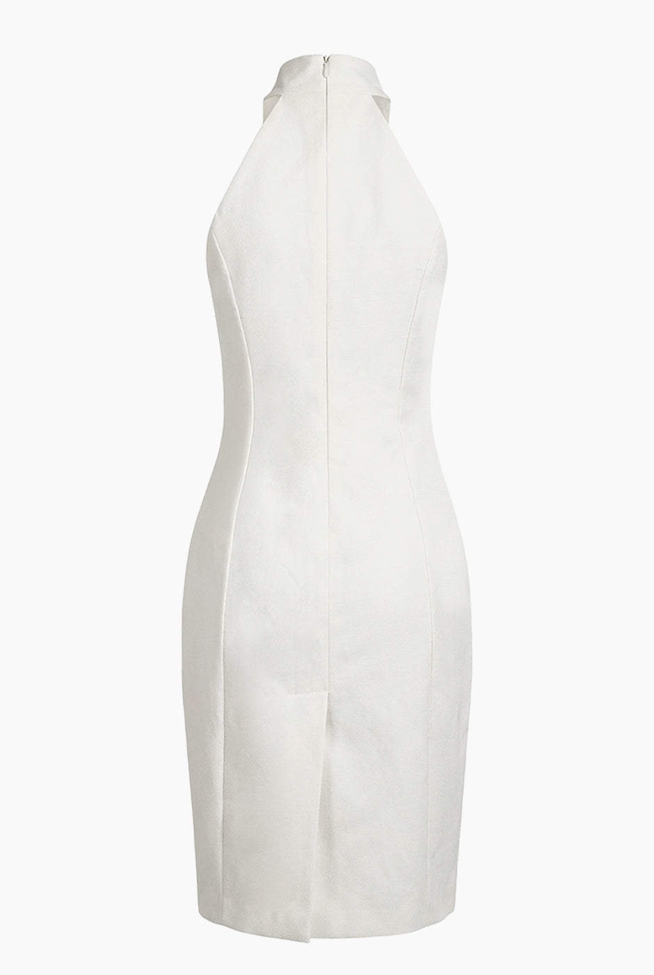 Vestido corto marfil sin mangas con cuello alto y escote halter