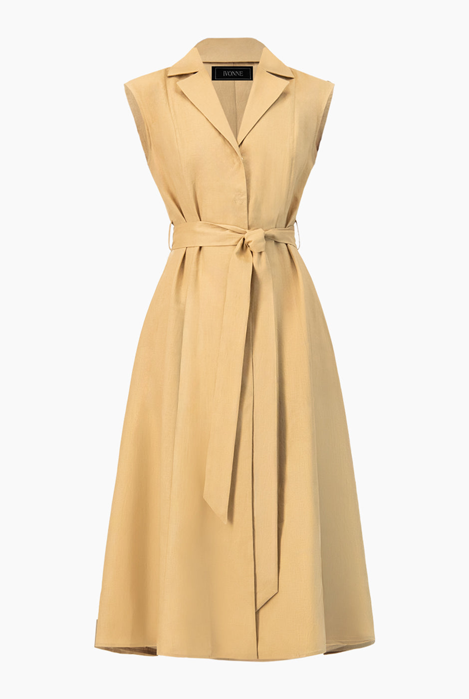 Vestido largo beige con cinta y cuello solapa