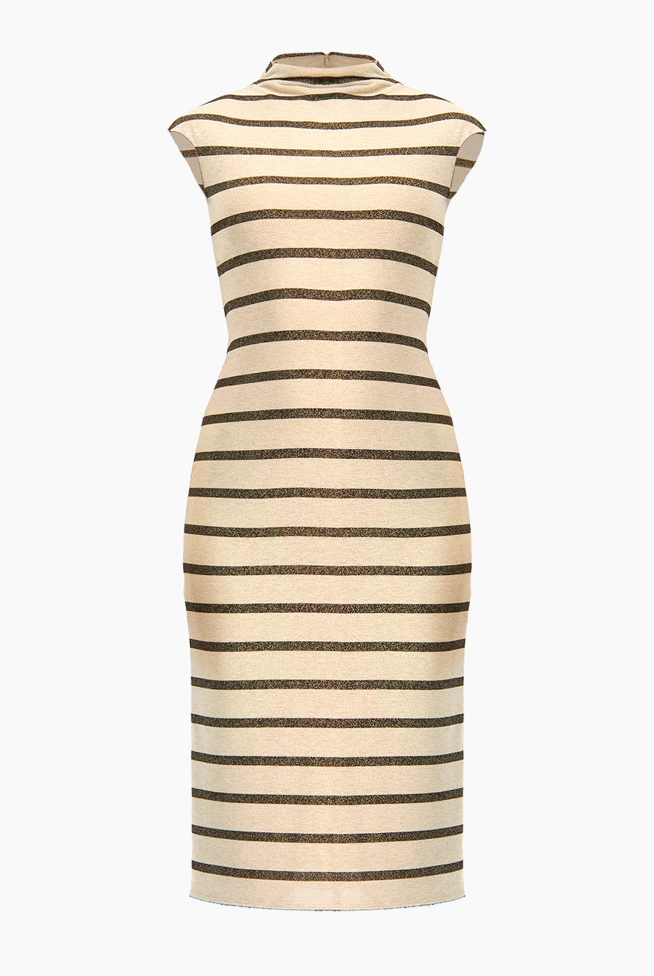 Vestido midi de rayas arena sin mangas y cuello alto