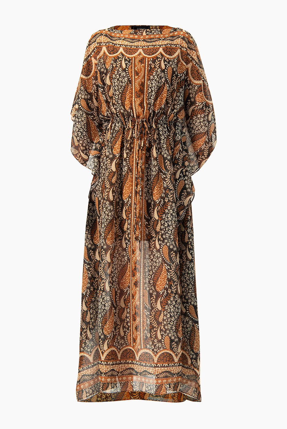 Vestido largo café estampado con mangas tipo murciélago